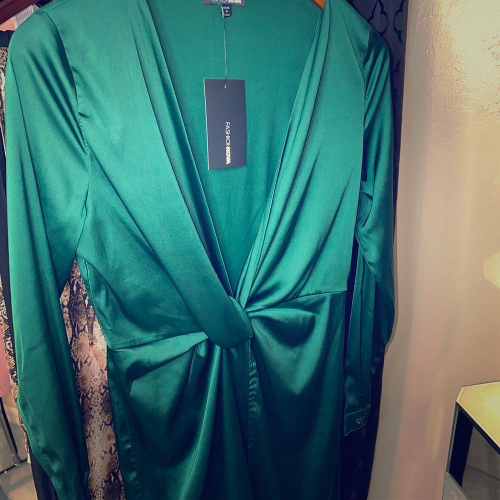 Green open front dress